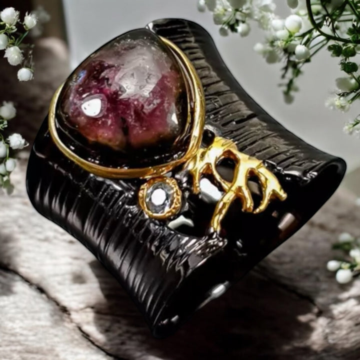 Pink Tourmaline, Blue Topaz,  Rhodium &amp; Gold Plated Sterling Silver Ring - Keja Designs Jewelry