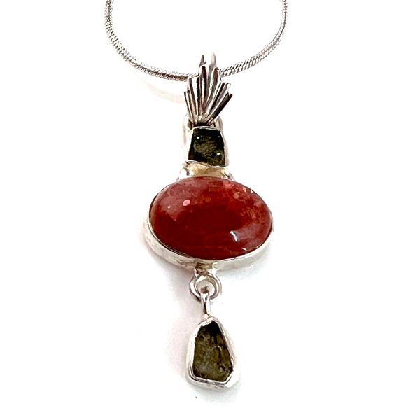 Moldavite & Sunstone Sterling Silver Pendant