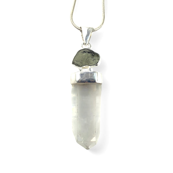 Moldavite & Lemurian Quartz Sterling Silver Pendant - Keja Designs Jewelry