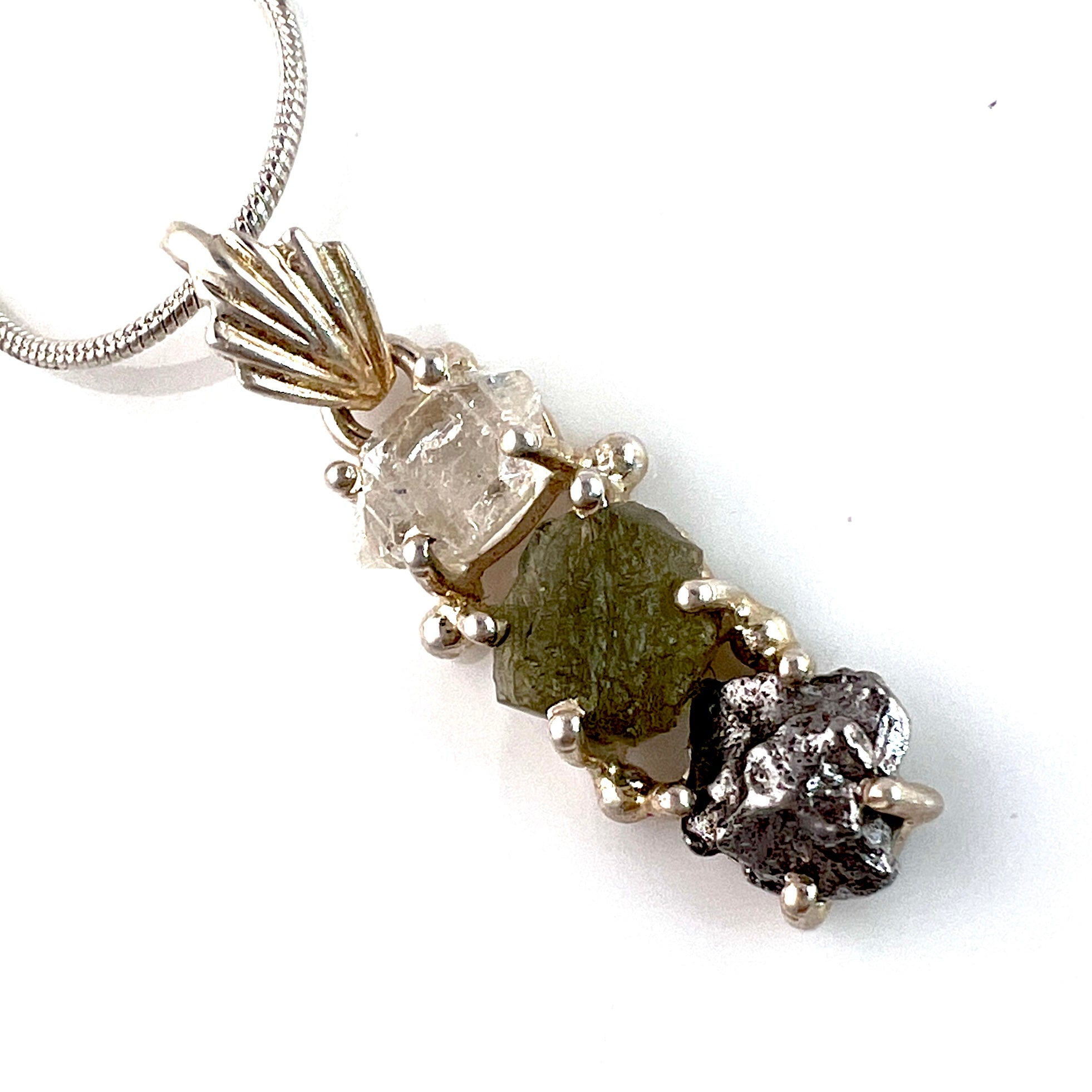 Campo de Cielo Meteorite, Moldavite & Herkimer Sterling Silver Stacked Pendant