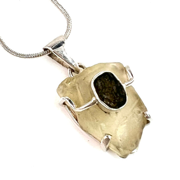 Libyan Desert Glass Meteorite & Moldavite Sterling Silver Pendant - Keja Designs Jewelry