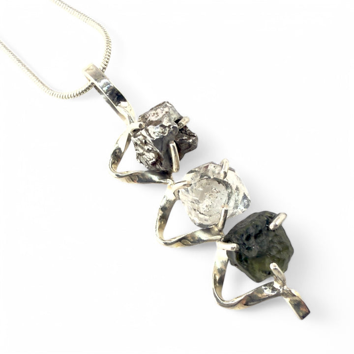 Moldavite Rough, Herkimer Diamond, &amp; Campo de Cielo Rough Sterling Silver Ribbon Pendant - Keja Designs Jewelry