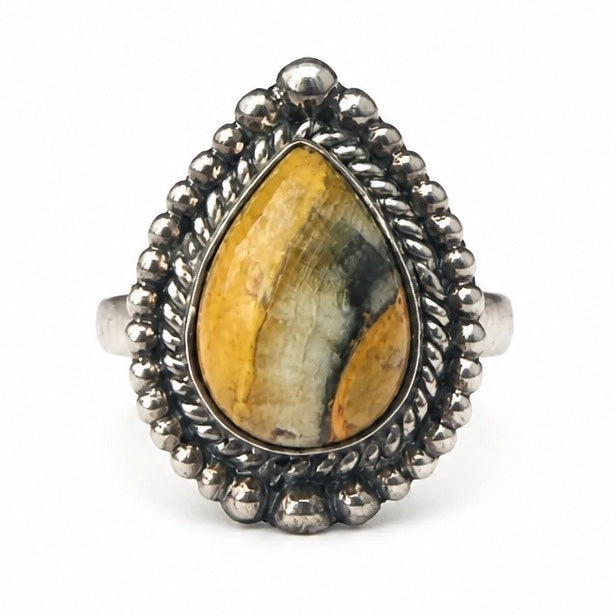 Bumble Bee Jasper Sterling Silver Ornate Pear Ring