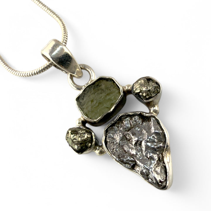 Campo de Cielo, Moldavite and Pyrite Duo Sterling Silver Pendant - Keja Designs Jewelry