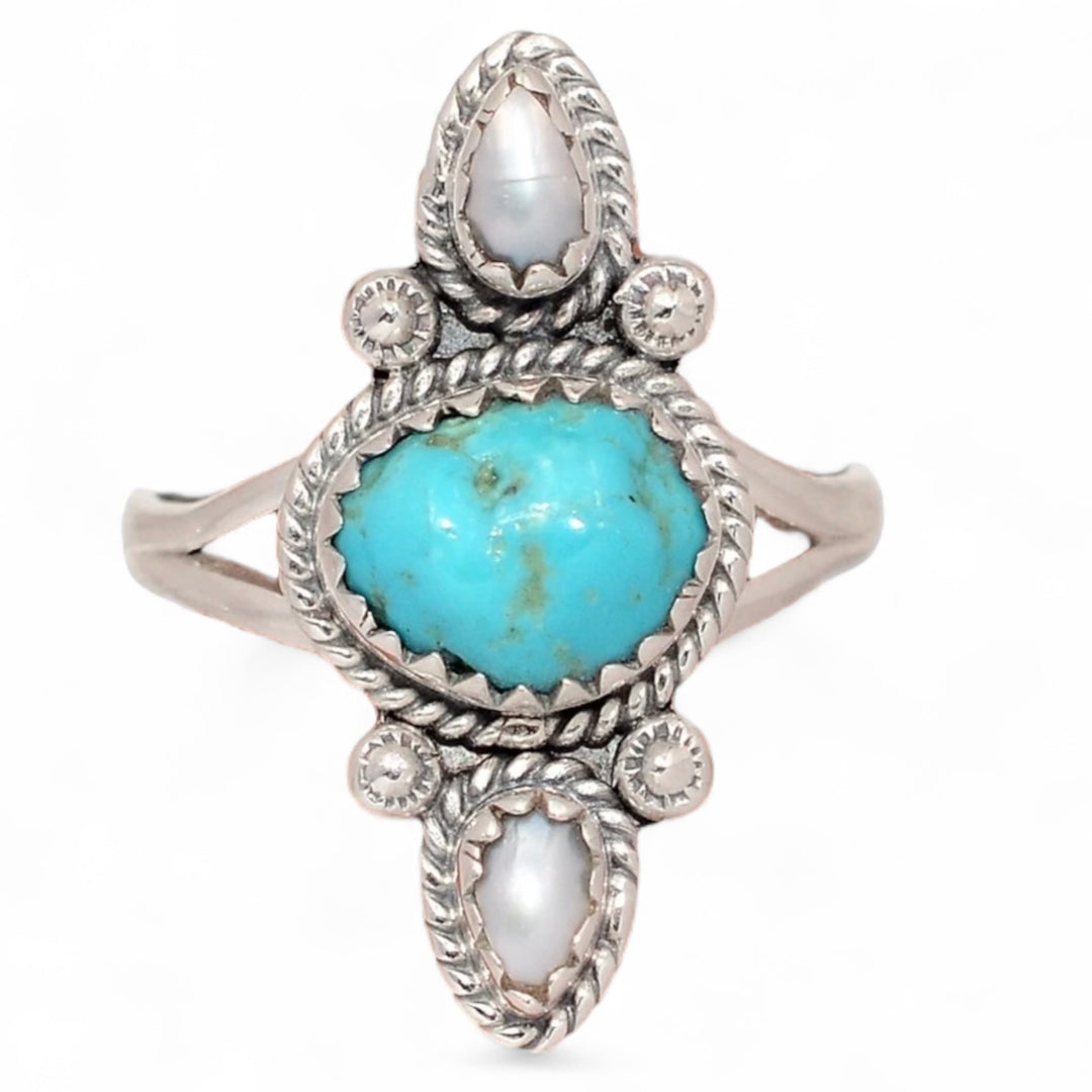 Blue Turquoise & Pearl Sterling Silver Ring - Keja Designs Jewelry