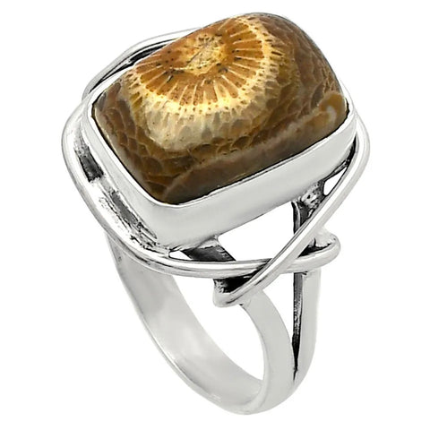 Fossilized Coral Sterling Silver Criss Cross Ring - Keja Designs Jewelry