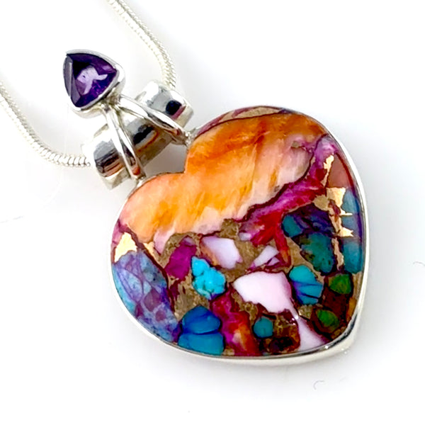 Kingman Dahlia Turquoise Heart & Amethyst Trillion Sterling Silver Pendant - Keja Designs Jewelry