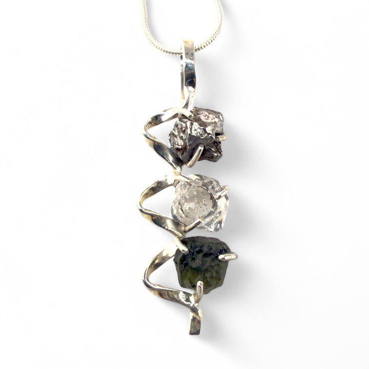 Moldavite Rough, Herkimer Diamond, &amp; Campo de Cielo Rough Sterling Silver Ribbon Pendant - Keja Designs Jewelry