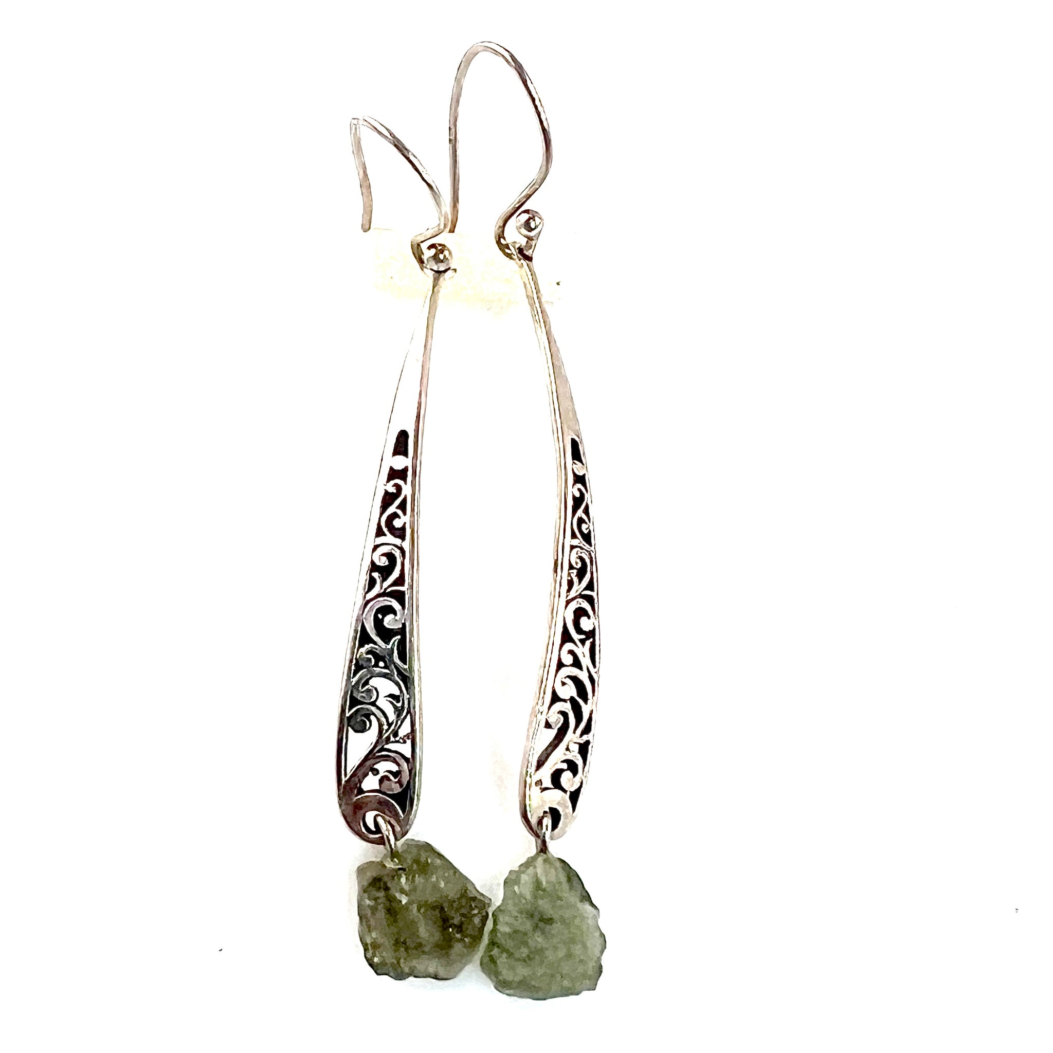 Moldavite Rough Sterling Silver Filigree Earrings - Keja Designs Jewelry