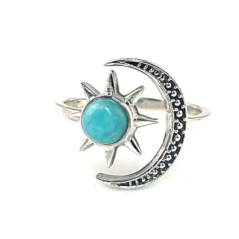 Crescent Moon & Star Amazonite Sterling Silver Adjustable Ring - Keja Designs Jewelry