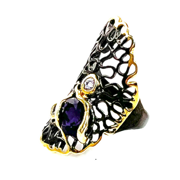 Amethyst Sterling Silver Rhodium & Gold Coral Ring - Keja Designs Jewelry