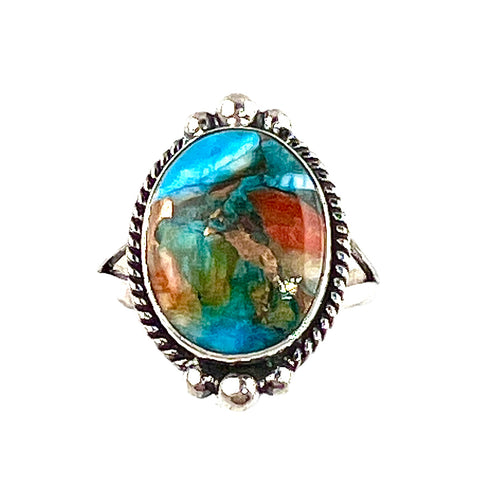 Spiny Oyster Turquoise Sterling Silver Oval Ring - Keja Designs Jewelry