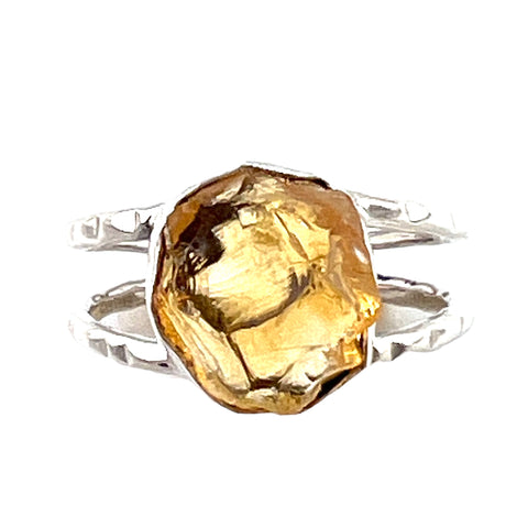 Citrine Rough Sterling Silver Hammered Ring - Keja Designs Jewelry