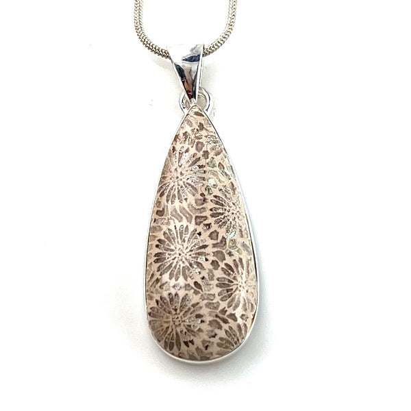 Fossilized Coral Sterling Silver Ancient Garden Pear Pendant - Keja Designs Jewelry