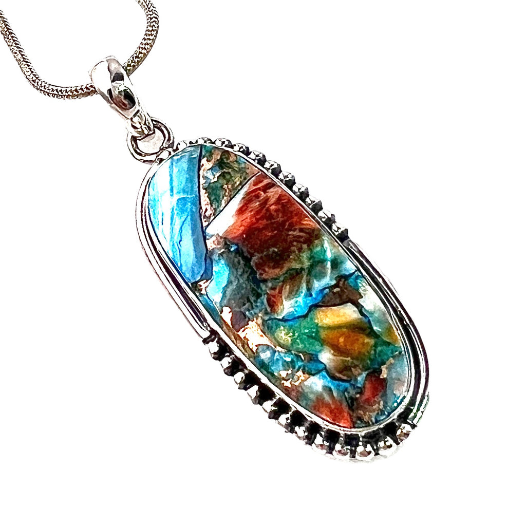 Spiny Oyster Turquoise Sterling Silver Oval Pendant - Keja Designs Jewelry
