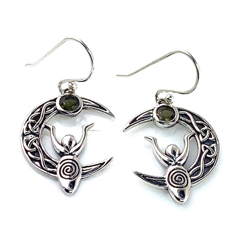 Faceted Moldavite Meteorite Sterling Silver Celtic Moon Goddess Earrings - Keja Designs Jewelry