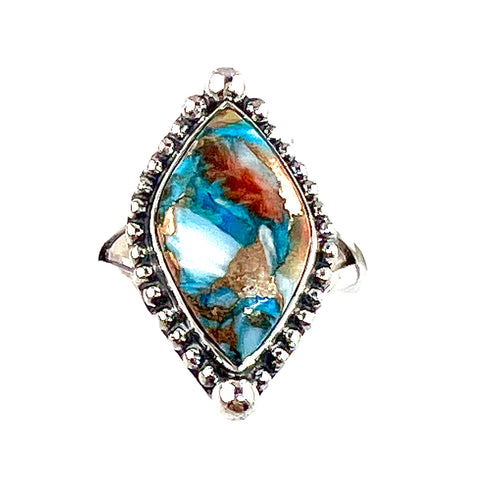 Spiny Oyster Turquoise Sterling Silver Marquise Ring - Keja Designs Jewelry
