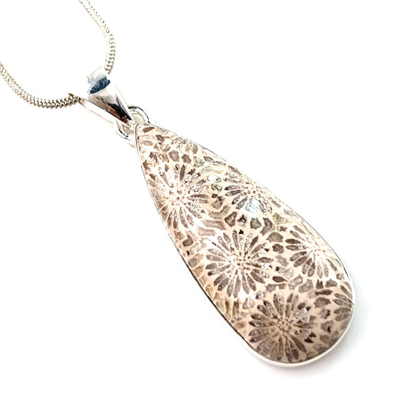 Fossilized Coral Sterling Silver Ancient Garden Pear Pendant - Keja Designs Jewelry