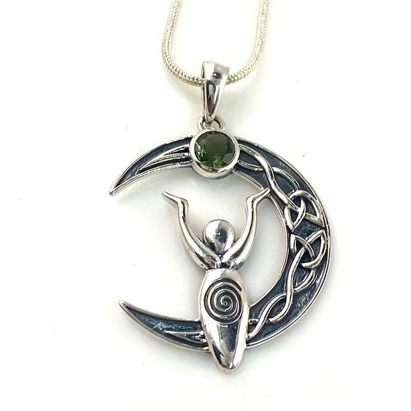 Faceted Moldavite Meteorite Sterling Silver Celtic Moon Goddess Pendant - Keja Designs Jewelry
