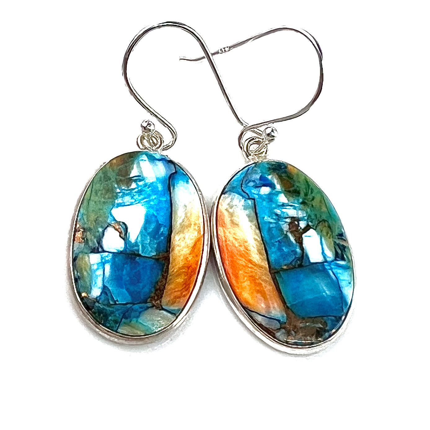 Spiny Oyster Blue Turquoise Sterling Silver Oval Earrings - Keja Designs Jewelry