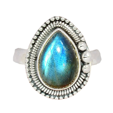 Labradorite Ornate Sterling Silver Pear Ring - Keja Designs Jewelry