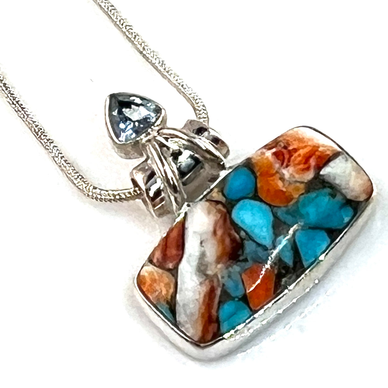 Spiny Oyster Turquoise & Blue Topaz  Sterling Silver Pendant - Keja Designs Jewelry