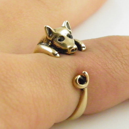 Animal Wrap Ring - Pig - Yellow Bronze - Adjustable Ring - keja jewelry - Keja Designs Jewelry