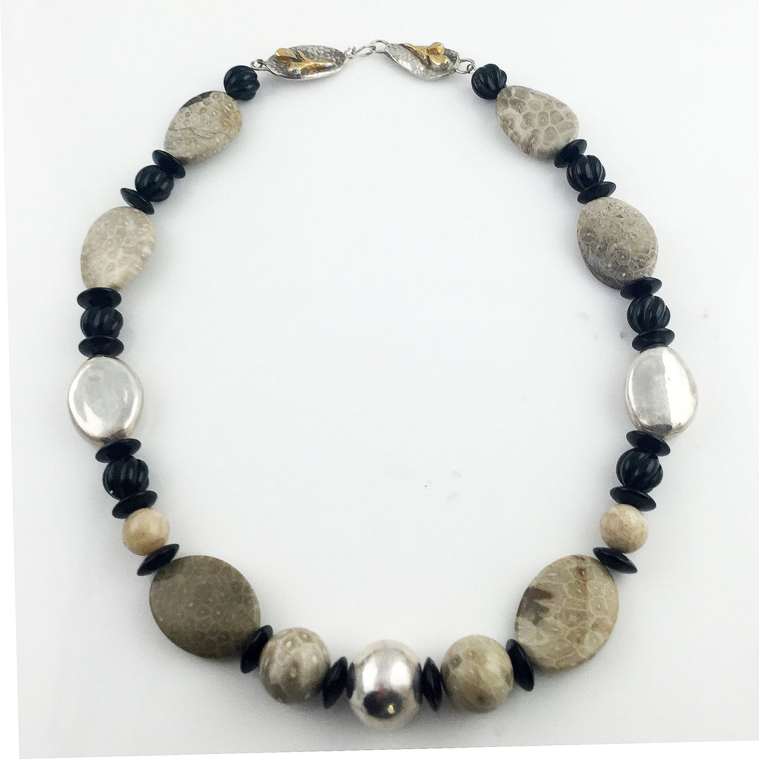 Fossilized Coral &amp; Carved Black Onyx Pure Silver Necklace - Keja Designs Jewelry