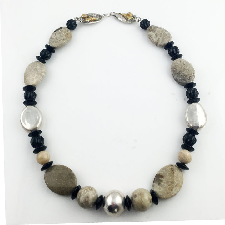 Fossilized Coral &amp; Carved Black Onyx Pure Silver Necklace - Keja Designs Jewelry