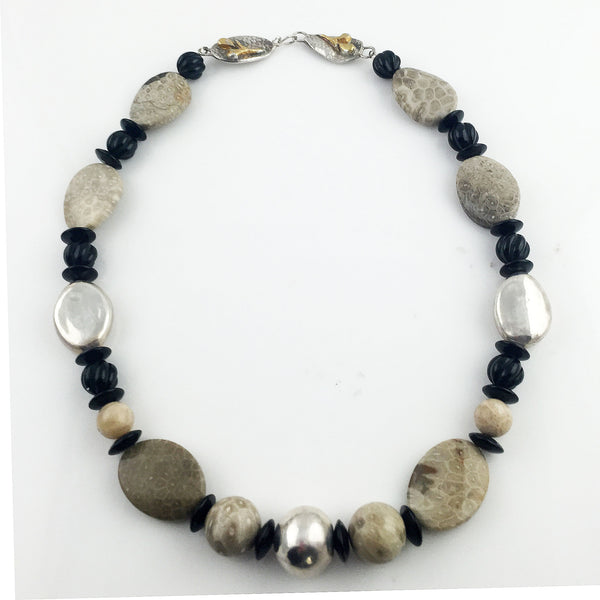 Fossilized Coral & Carved Black Onyx Pure Silver Necklace - Keja Designs Jewelry