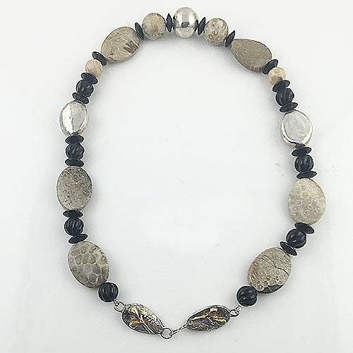 Fossilized Coral & Carved Black Onyx Pure Silver Necklace - Keja Designs Jewelry