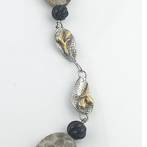 Fossilized Coral &amp; Carved Black Onyx Pure Silver Necklace - Keja Designs Jewelry