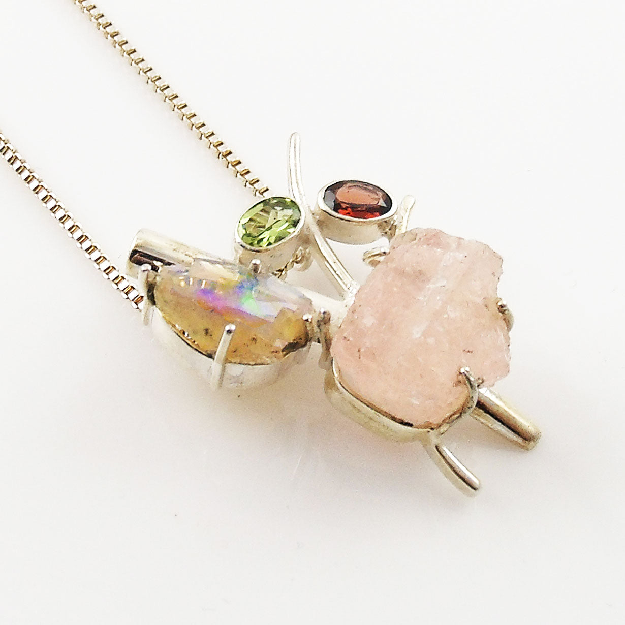 Rose Quartz Rough, Ethiopian Opal Rough, Garnet & Peridot Sterling Silver Pendant - Keja Designs Jewelry