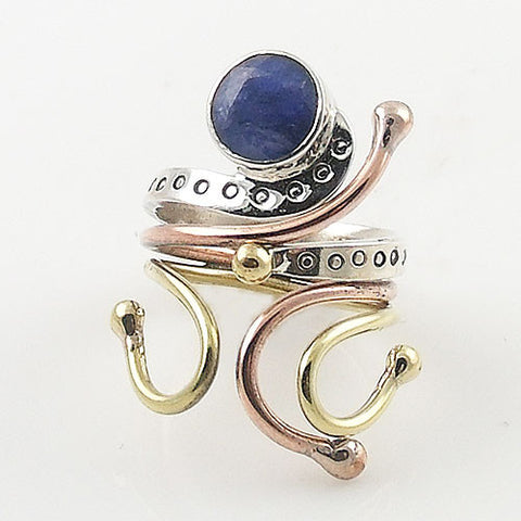 Sapphire Three Tone Sterling Silver Adjustable Ring - Keja Designs Jewelry