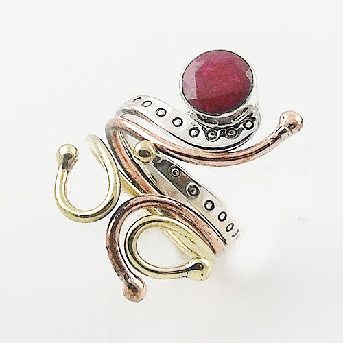 Ruby Three Tone Sterling Silver Adjustable Ring - Keja Designs Jewelry