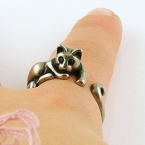 Animal Wrap Ring - Lazy Cat - White Bronze - Adjustable Ring - keja jewelry - Keja Designs Jewelry