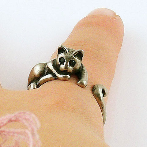 Animal Wrap Ring - Lazy Cat - White Bronze - Adjustable Ring - keja jewelry - Keja Designs Jewelry