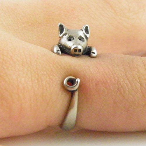 Animal Wrap Ring - Pig - White Bronze - Adjustable Ring - Keja Jewelry - Keja Designs Jewelry