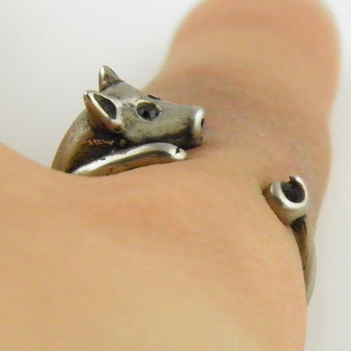 Animal Wrap Ring - Pig - White Bronze - Adjustable Ring - Keja Jewelry - Keja Designs Jewelry