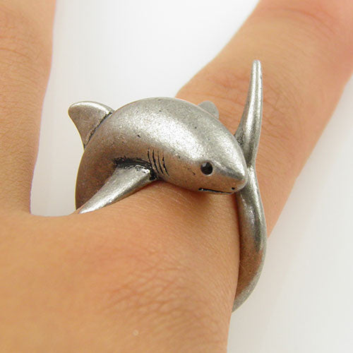 Animal Wrap Ring - Shark - White Bronze - Adjustable Ring - Keja Designs Jewelry