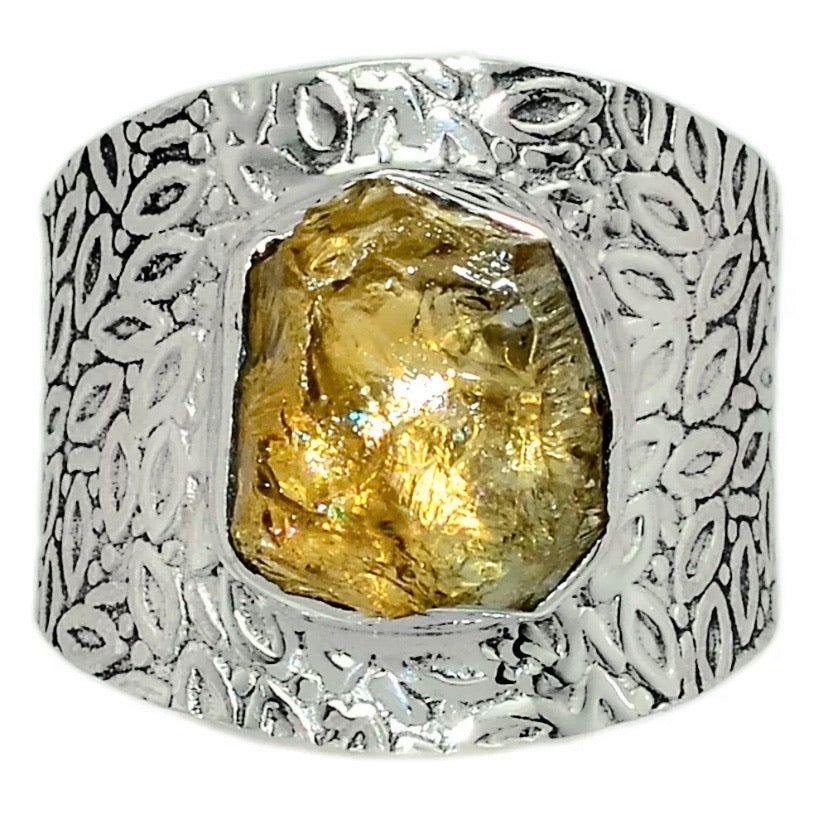 Citrine Rough Sterling Silver Vine Pattern Band  Ring - Keja Designs Jewelry