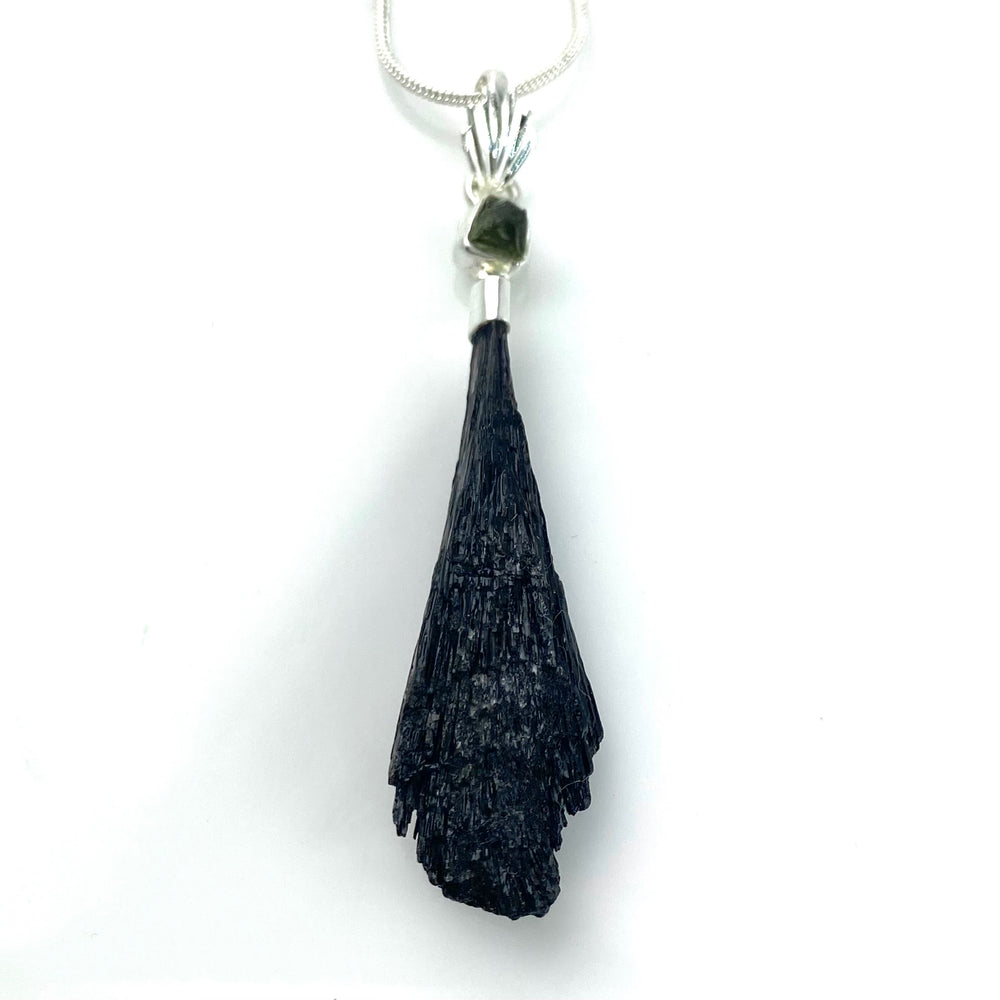 Moldavite & Kyanite Rough  Sterling Silver Pendant - Keja Designs Jewelry