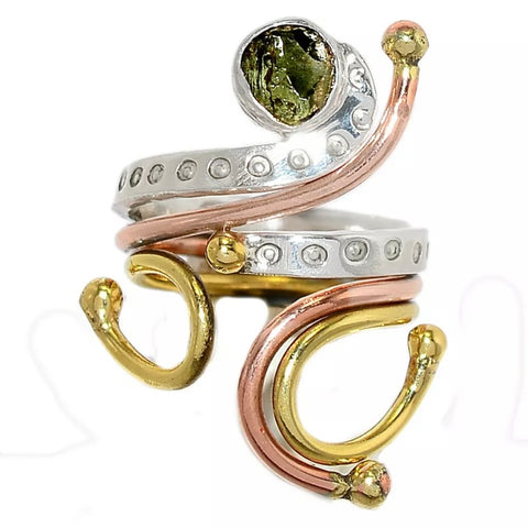 Moldavite Rough Sterling Silver Three Tone Whimsical Ring - Keja Designs Jewelry