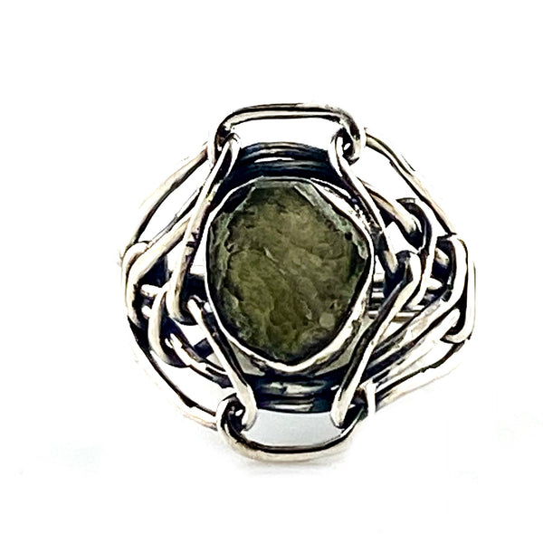 Moldavite Meteorite Industrial Sterling Silver Ring - Keja Designs Jewelry
