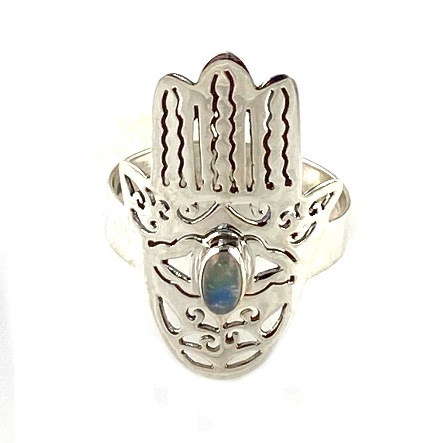 Moonstone Sterling Silver Hamsa Hand Ring - Keja Designs Jewelry
