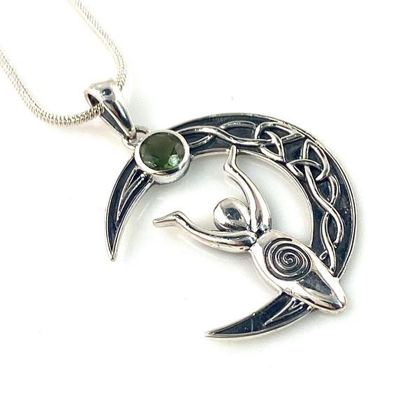 Faceted Moldavite Meteorite Sterling Silver Celtic Moon Goddess Pendant - Keja Designs Jewelry