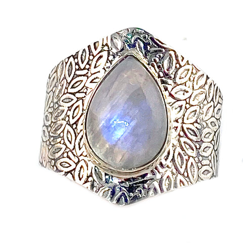 Moonstone Pear Sterling Silver Vine Pattern Band Ring - Keja Designs Jewelry