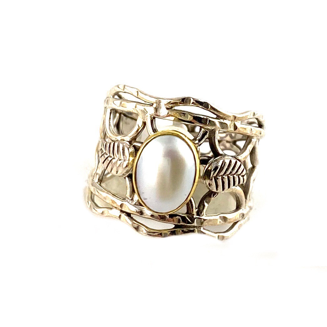 Pearl Two Tone Vine Sterling Silver Band Ring - Keja Designs Jewelry
