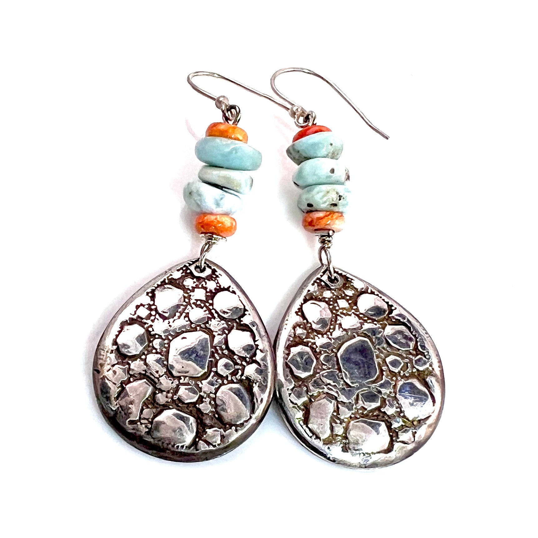 Larimar & Spiny Oyster Cobble Stone .999 Fine Silver Earrings - Keja Designs Jewelry