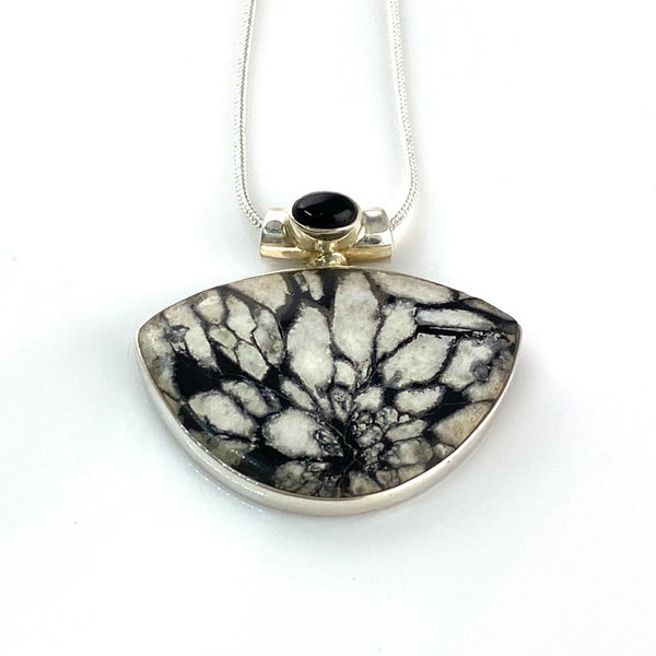 Chrysanthemum & Black Onyx Sterling Silver Pendant - Keja Designs Jewelry